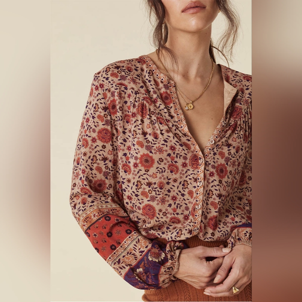 Spell Floral Peasant Blouse in Cream, Rust & Purple - Picture 2 of 6